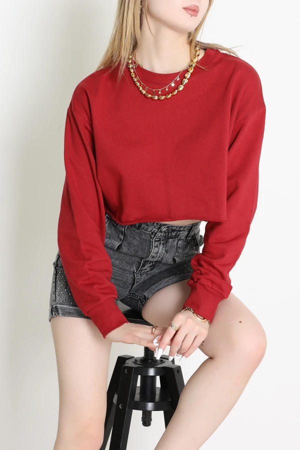 Eteği Pis Dikişli 3 İplik Crop Sweat Bordo - 6000.1238.