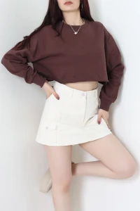 Eteği Pis Dikişli 3 İplik Crop Sweat Kahve - 6000.1238.