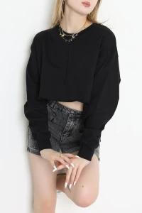 Eteği Pis Dikişli 3 İplik Crop Sweat Siyah - 6000.1238.