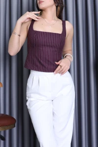 Kare Yaka Çizgili Bluz Mürdüm - 60181.444.