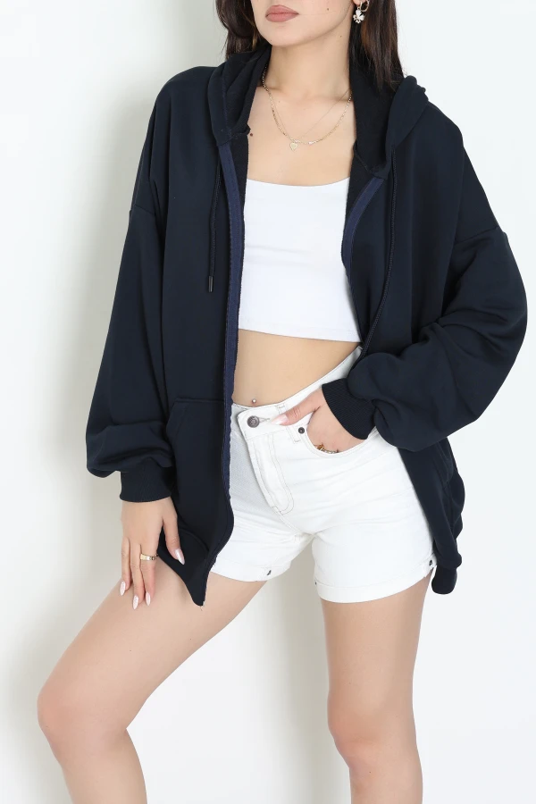 3 İplik Şardonsuz Fermuarlı Oversize Kanguru Sweat Lacivert - 80775.1878.