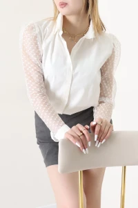 Tül Kollu Poplin Gömlek Beyaz - 80920.2118.