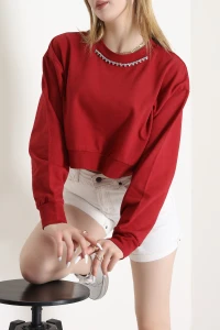 3 İplik Şardonsuz Taşlı Sweat Bordo - 1007.1238.