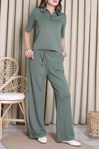 Saten Detay Polo Yaka Takım Haki - 1372.2135.