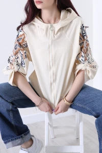 Baskılı Kapşonlu Ceket Bej - 227.1238.