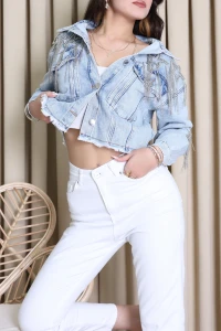 Taşlı Zincirli Kot Ceket  Buzmavi - 307.1238.