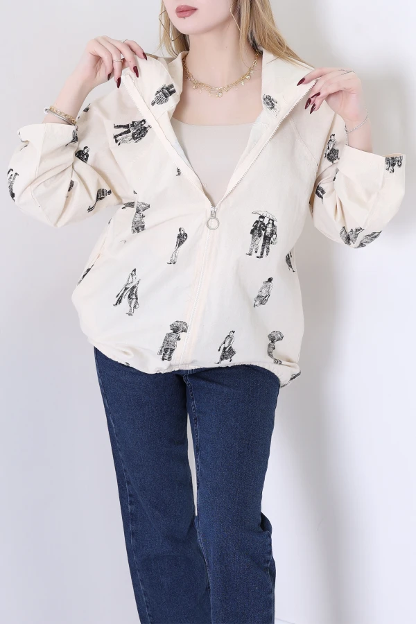 Baskılı Ham Keten Ceket Bej - 400.1238.