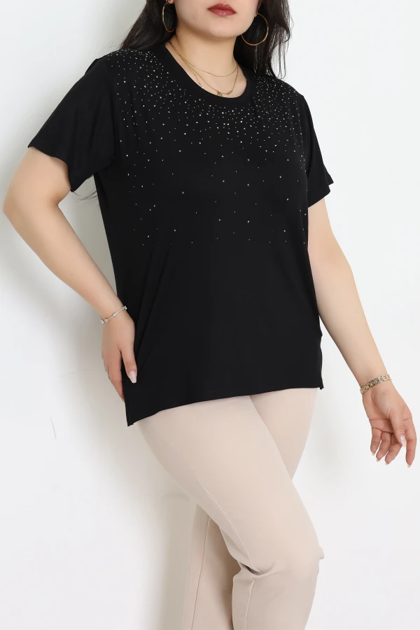 Taş Detaylı Büyük Beden Viskon Bluz Siyah - 70910.1969.