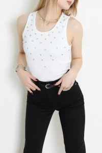 Taş Detaylı Kaşkorse Kumaş Çıtçıtlı Body Beyaz - 71156.1748.