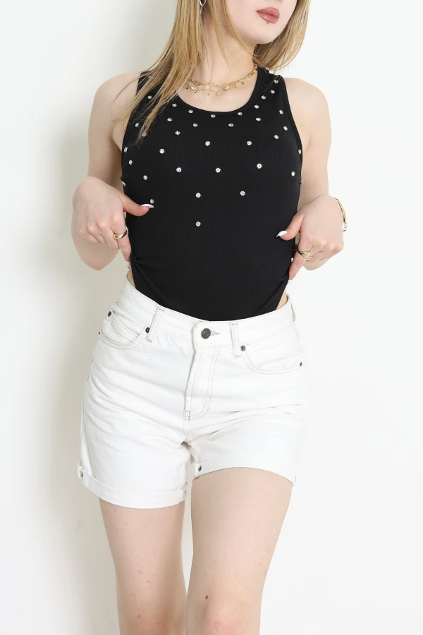 Taş Detaylı Kaşkorse Kumaş Çıtçıtlı Body Siyah - 71156.1748.