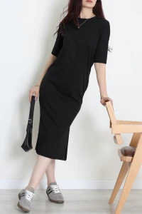 Bisiklet Yaka Midi Boy Süprem Elbise Siyah - 71550.1748.