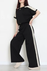 2 İplik Stoperli Keten Şeritli Eşofman Takımı Siyah - 52222.1857.