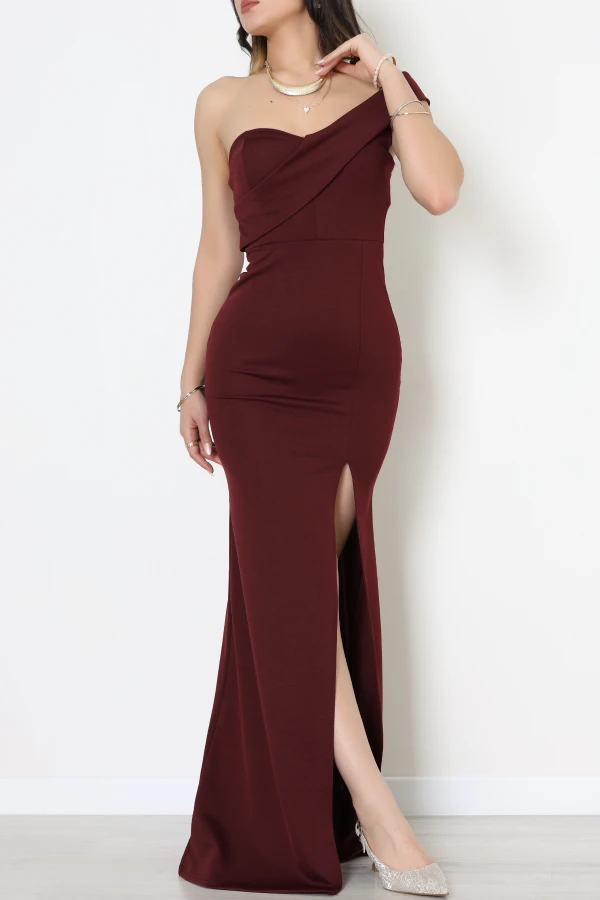 Tek Omuz Detaylı Elbise Bordo - 582707.1592.