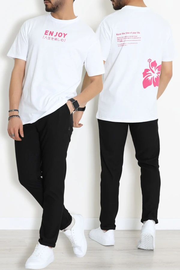 Süprem Ön Arka Baskılı Erkek Tişört Beyazfuşya - 71143.1872.