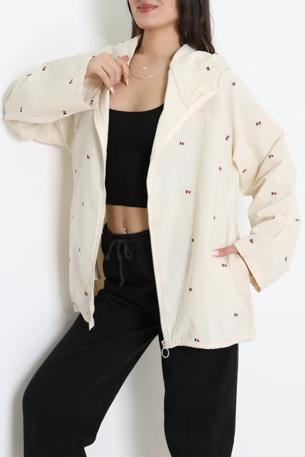 Kapşonlu Nakışlı Ceket Bej - 033.1238.
