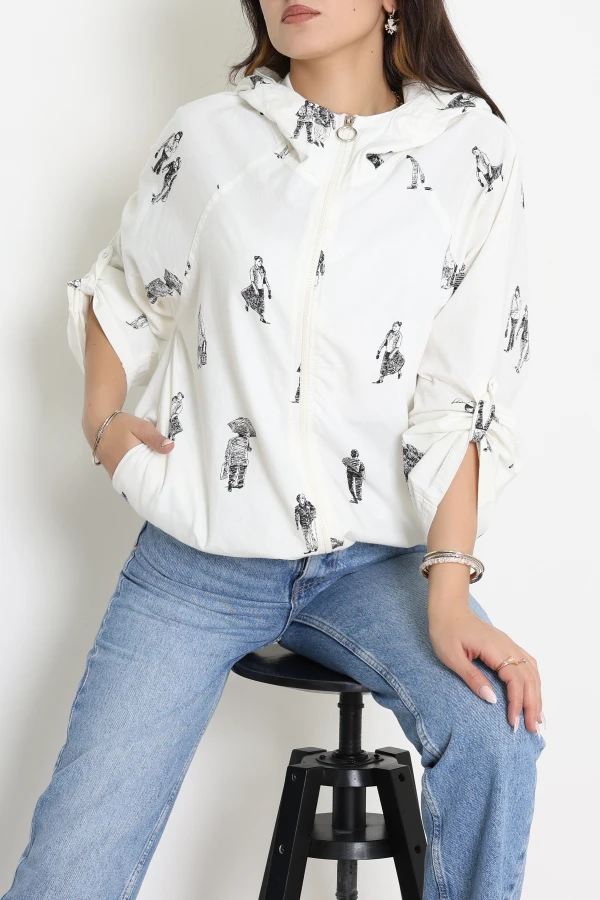 Baskılı Ham Keten Ceket Ekru - 400.1238.