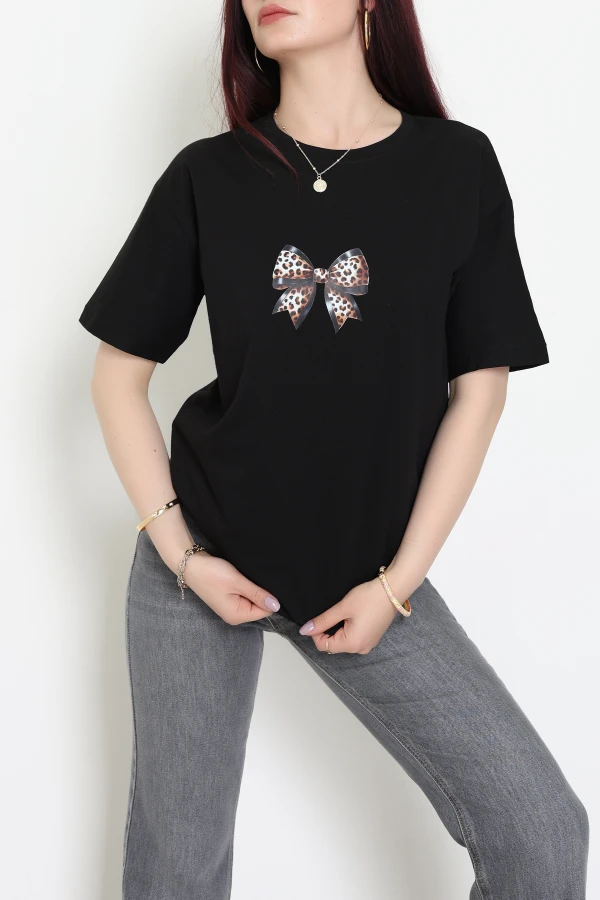 Baskılı Oversize Penye Tişört Siyahleopar - 41305.0034.