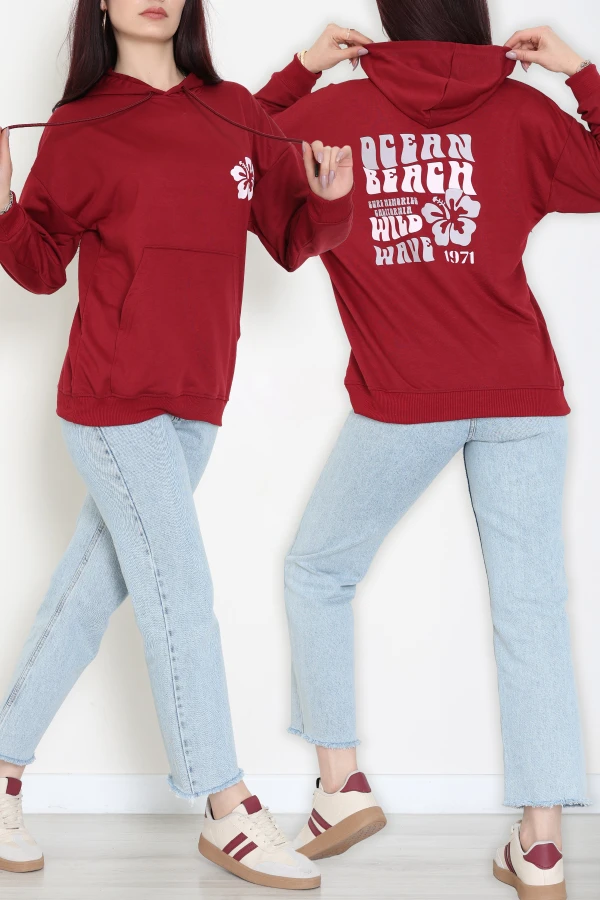 2 İplik Kanguru Cepli Kapşonlu Sweat Bordo - 42721.1878.