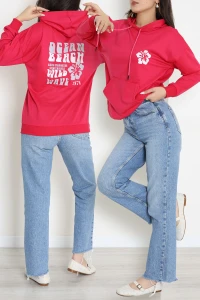 2 İplik Kanguru Cepli Kapşonlu Sweat Fuşyaekru - 42721.1878.