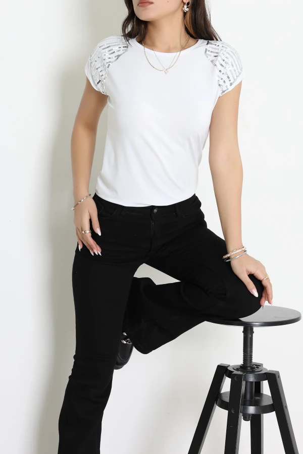 Omuzları Pul Detaylı Bluz Beyaz - 44004.599.