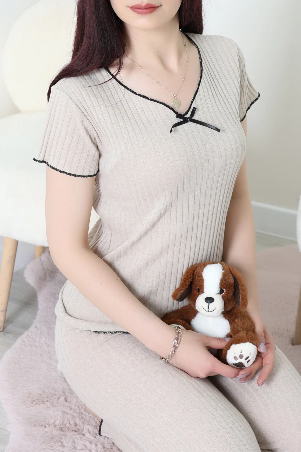 Fitilli Fiyonklu Pijama Takımı Bej - 52257.1048.
