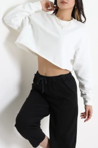 Eteği Pis Dikişli 3 İplik Crop Sweat Ekru - 6000.1238.