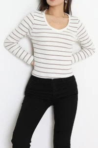 V Yaka Çizgili Kaşkorse Body Kahvebeyaz - 70763.1748.
