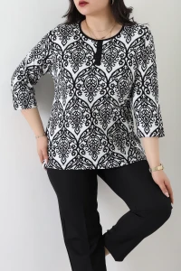 Büyük Beden Desenli Turlu Viskon Bluz Beyazsiyah - 71093.1954.