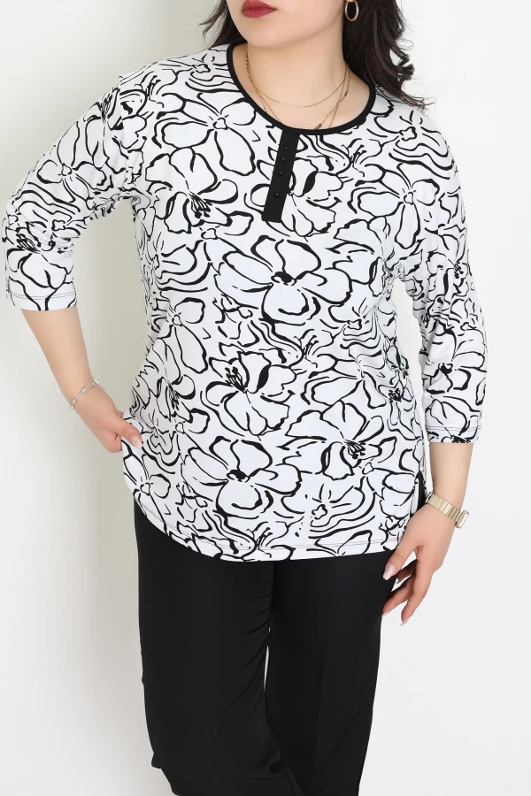 Büyük Beden Desenli Turlu Viskon Bluz Beyazçiçek - 71093.1954.