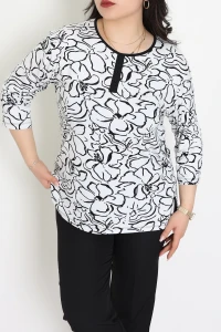 Büyük Beden Desenli Turlu Viskon Bluz Beyazçiçek - 71093.1954.