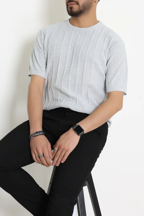 Fitilli Triko Erkek Tişört Gri - 71099.1947.