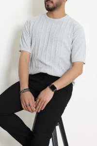 Fitilli Triko Erkek Tişört Gri - 71099.1947.