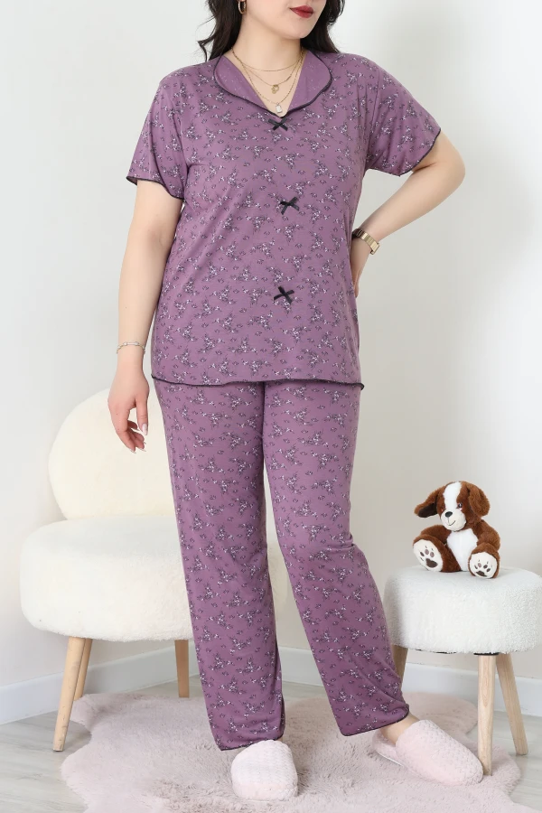 Büyük Beden Puantiyeli Viskon Pijama Takımı Mor - 71238.1048.