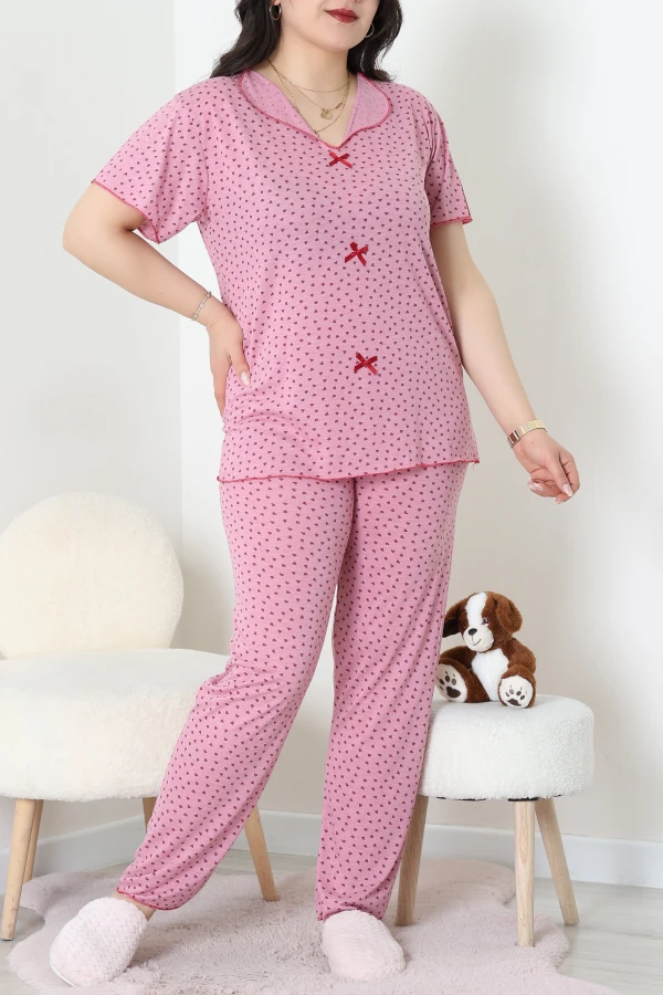 Büyük Beden Puantiyeli Viskon Pijama Takımı Pembe - 71238.1048.