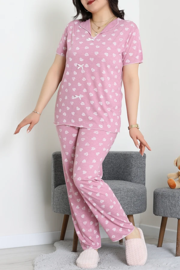 Büyük Beden Puantiyeli Viskon Pijama Takımı Pembebeyaz - 71238.1048.