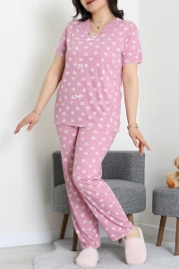 Büyük Beden Puantiyeli Viskon Pijama Takımı Pembebeyaz - 71238.1048.