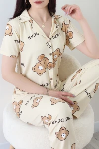 Milan Kumaş Düğmeli Pijama Takımı Kahveayı - 750.1287.