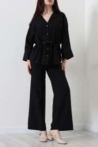 Bel Büzgülü Keten İkili Takım Siyah - 7571.196.