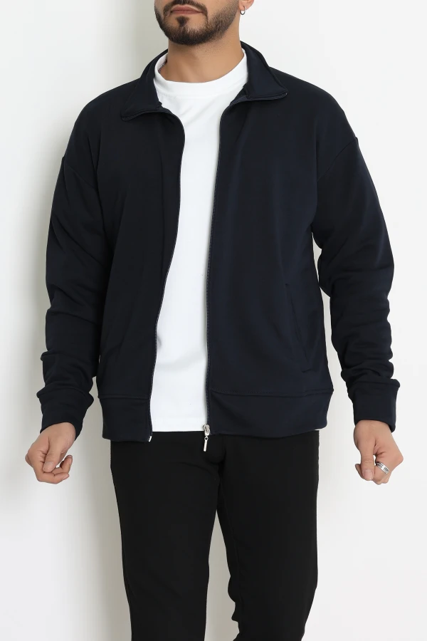 3 İplik Şardonsuz Erkek Cepli Dik Yaka Sweat Lacivert - 80776.1878.