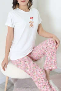 Bisiklet Yaka Kısa Kol Pijama Takımı Beyaz - 304.1287.