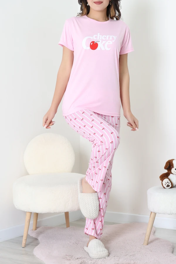 Bisiklet Yaka Kısa Kol Pijama Takımı Pembekiraz - 304.1287.