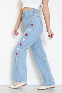 Kalp Nakışlı Palazzo Kot Pantolon Açıkmavi - 32437.1606.