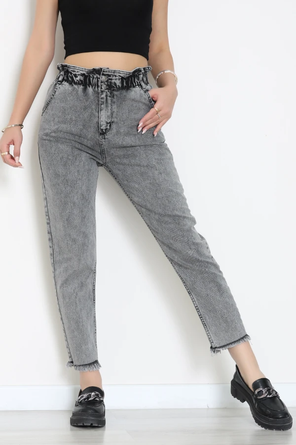 Bel Lastik Paça Püsküllü Mom Jean Füme - 405221.2141.