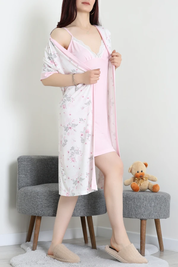 Viskon 2Li Sabahlıklı Gecelik Elbise Pudra - 52259.1927.