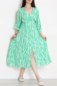 Kruvaze Yaka Desenli Elbise Koyuyeşil - 707.1247.