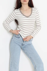 V Yaka Çizgili Kaşkorse Body Beyazkahve - 70763.1748.