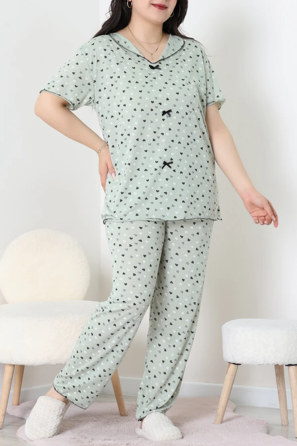 Büyük Beden Puantiyeli Viskon Pijama Takımı Suyeşili - 71238.1048.