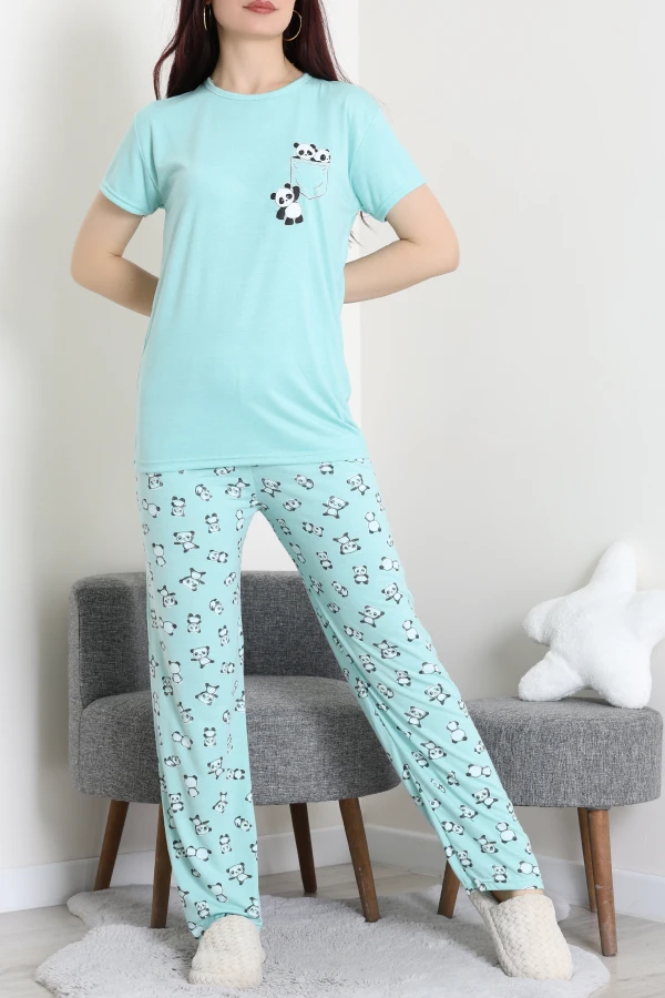Bisiklet Yaka Kısa Kol Pijama Takımı Yeşilpanda - 304.1287.