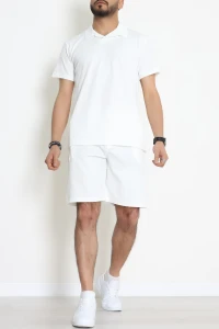 Burgu Likralı Polo Yaka Erkek Şort Takım Beyaz - 71035.1937.