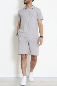 Burgu Likralı Polo Yaka Erkek Şort Takım Gri - 71035.1937.